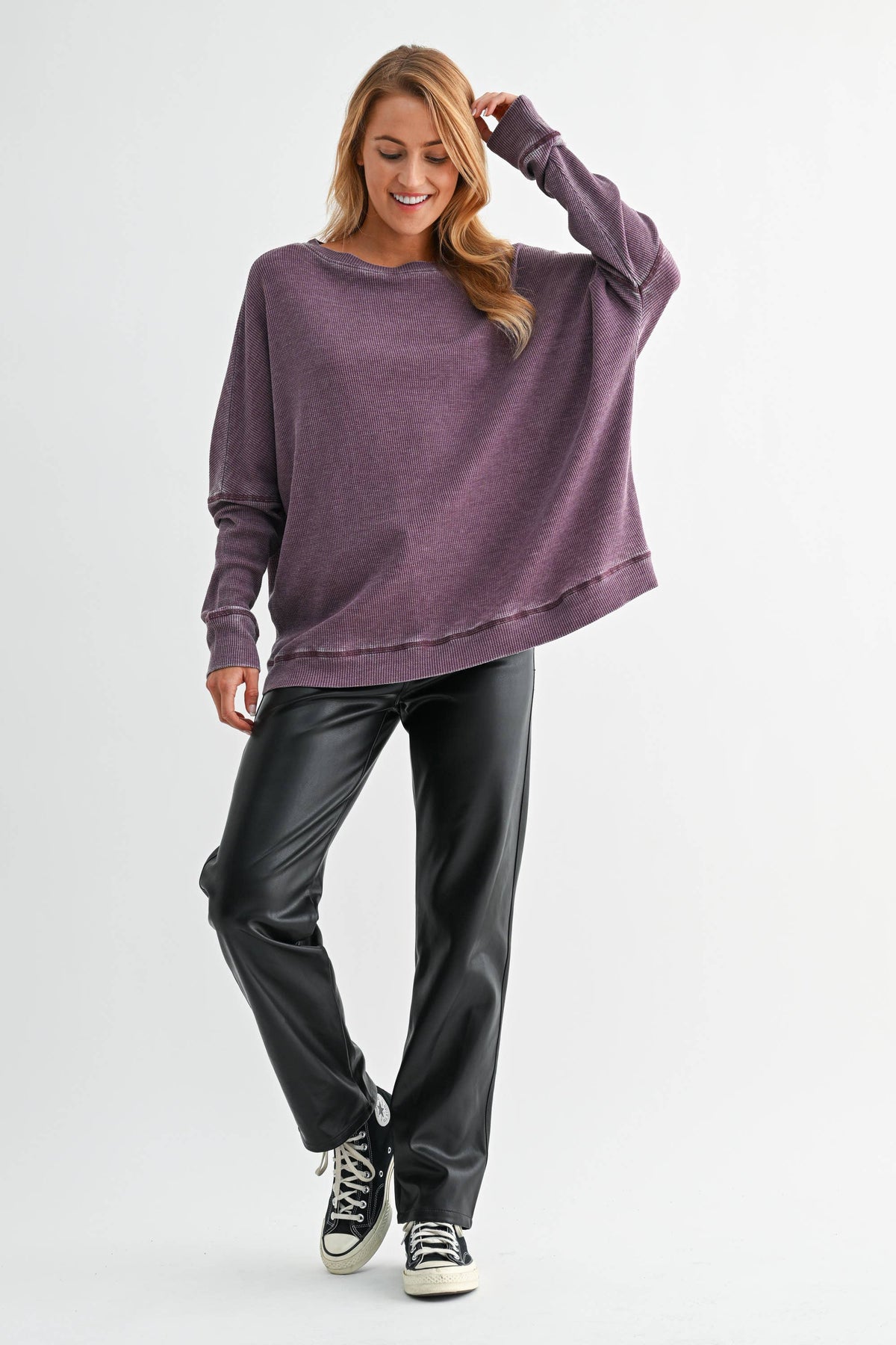 Waffle Ribbed Roundneck Pullover