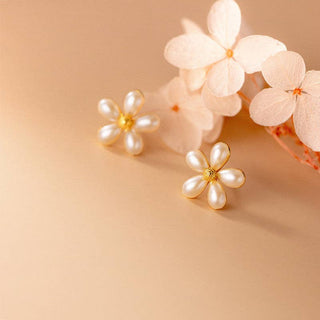Dainty Pearl Flower Stud Earrings in 925 Sterling Silver - Wild Lavender Boutique