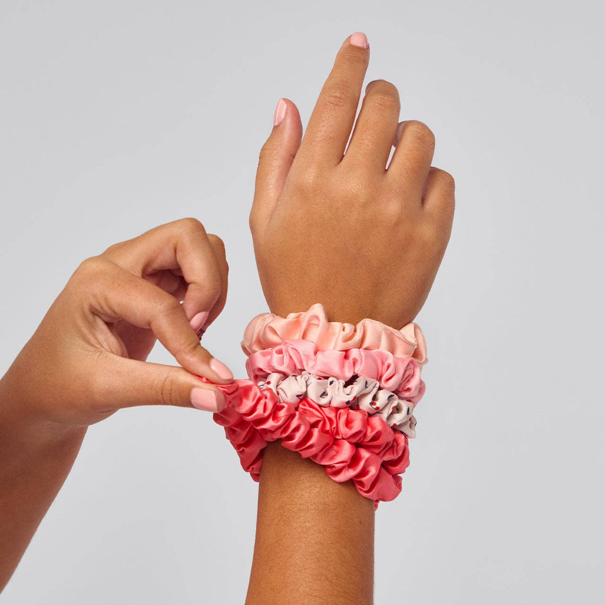 Ruched Satin Scrunchies 5pc Set - Assorted Cherry Blossom