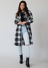 Black, White & Olive Plaid Long Flannel