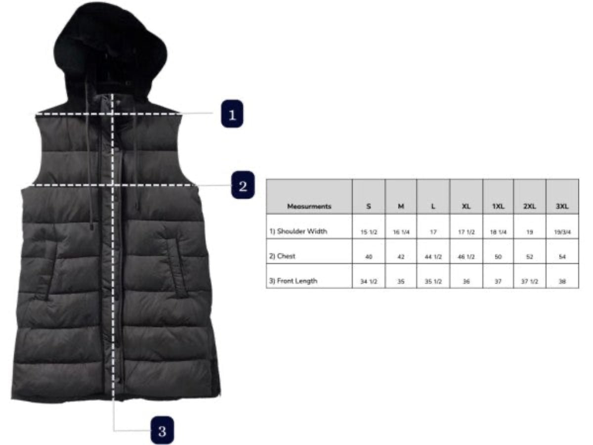 Black puffer vest with measurement chart on a white background