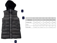 Black puffer vest with measurement chart on a white background
