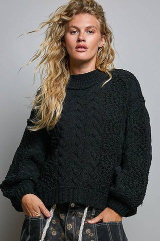 Genesis Mock Neck Balloon Sleeve Cable Knit Pullover Sweater - Cream