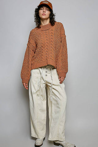 Genesis Mock Neck Balloon Sleeve Cable Knit Pullover Sweater - Cream