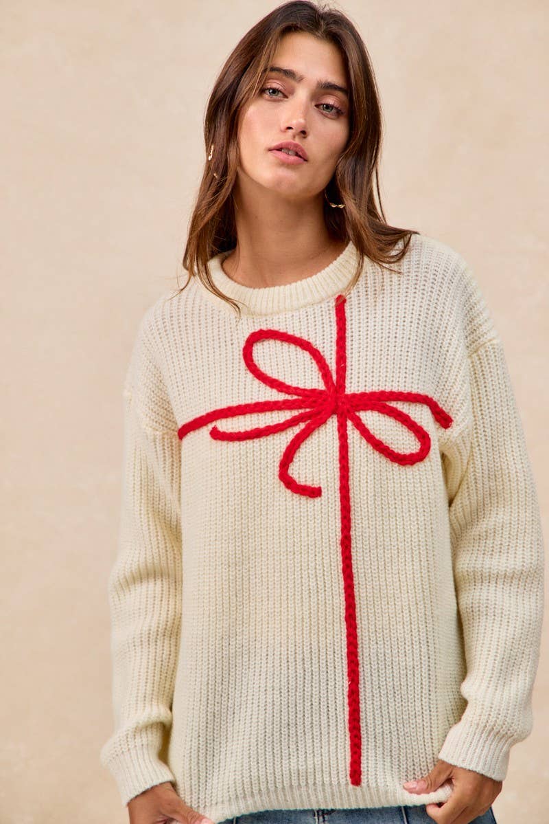 Christmas Ribbon Bow Embroidery Sweater
