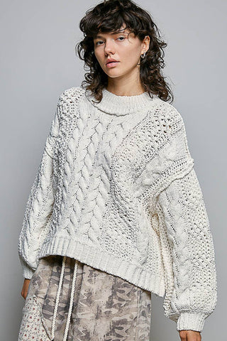 Genesis Mock Neck Balloon Sleeve Cable Knit Pullover Sweater - Cream
