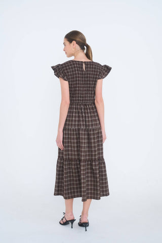 Saylor Plaid Neck Midi Dress - Brown