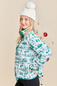 Winter Village Print Puffer Jacket – Holiday Outerwear