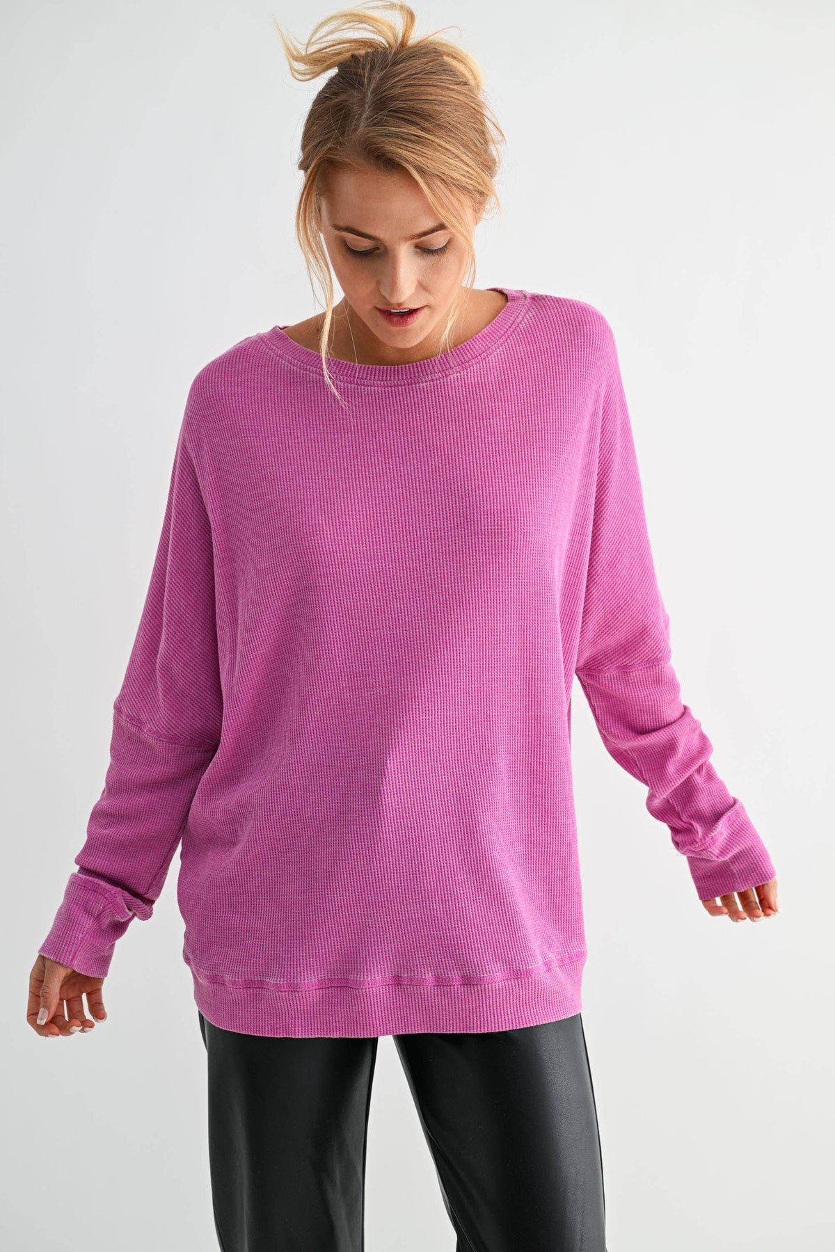 Waffle Ribbed Roundneck Pullover