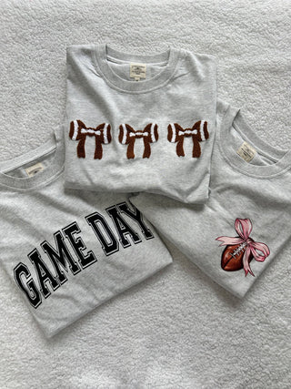 Football Bows Embroider Tee - Wild Lavender Boutique
