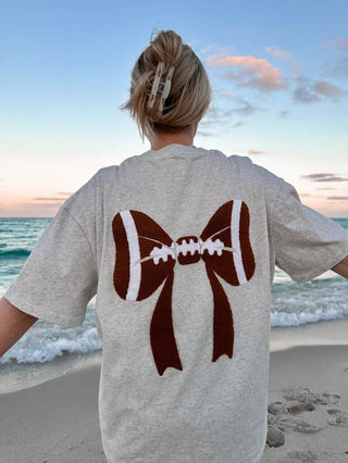 Football Bows Embroider Tee - Wild Lavender Boutique