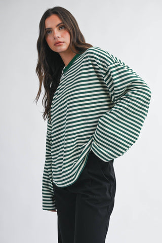 Frankie Oversized Stripe Long Sleeve Top - Green - Wild Lavender Boutique