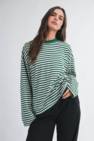 Frankie Oversized Stripe Long Sleeve Top - Green - Wild Lavender Boutique