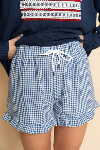 Freya Checkered Woven Ruffle Hem Shorts - Navy - Wild Lavender Boutique