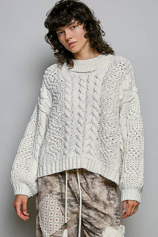 Genesis Mock Neck Balloon Sleeve Cable Knit Pullover Sweater - Cream - Wild Lavender Boutique