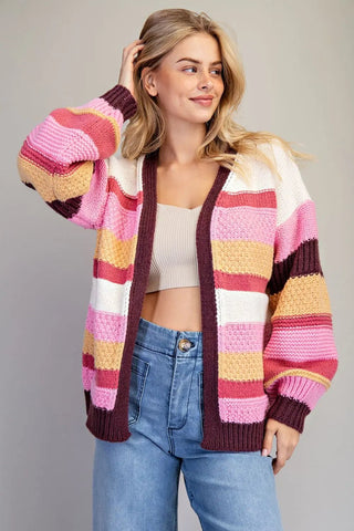 Harper Striped Chunky Cardigan - Berry - Wild Lavender Boutique