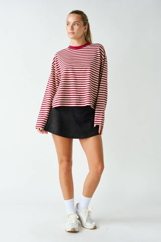 Horizon Striped Long-Sleeve Tee - Cherry Red - Wild Lavender Boutique