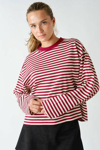 Horizon Striped Long-Sleeve Tee - Cherry Red - Wild Lavender Boutique
