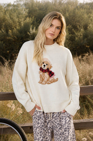 Intarsia Puppy Crew Neck Sweater - Wild Lavender Boutique