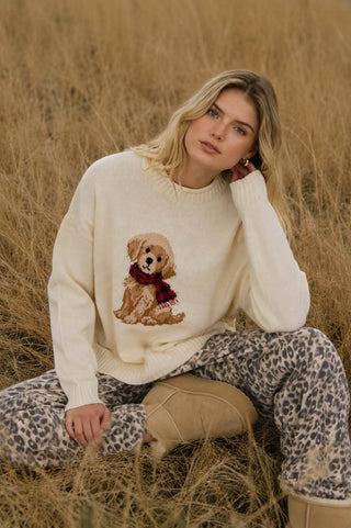 Intarsia Puppy Crew Neck Sweater - Wild Lavender Boutique