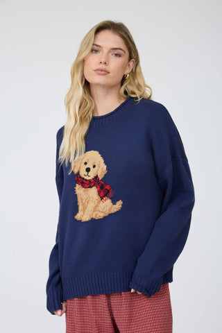 Intarsia Puppy Crew Neck Sweater - Wild Lavender Boutique