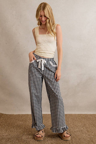 Jaidyn Gingham Ruffle Pants - Brown - Wild Lavender Boutique