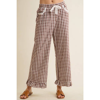 Jaidyn Gingham Ruffle Pants - Brown - Wild Lavender Boutique