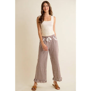Jaidyn Gingham Ruffle Pants - Brown - Wild Lavender Boutique