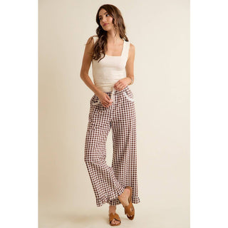 Jaidyn Gingham Ruffle Pants - Brown - Wild Lavender Boutique