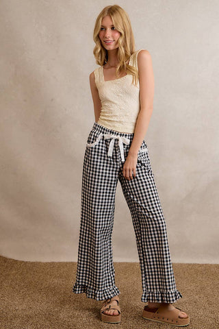 Jaidyn Gingham Ruffle Pants - Brown - Wild Lavender Boutique