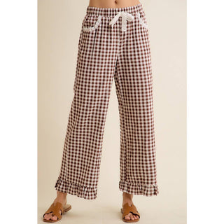 Jaidyn Gingham Ruffle Pants - Brown - Wild Lavender Boutique