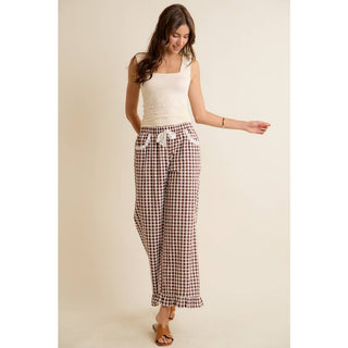 Jaidyn Gingham Ruffle Pants - Brown - Wild Lavender Boutique