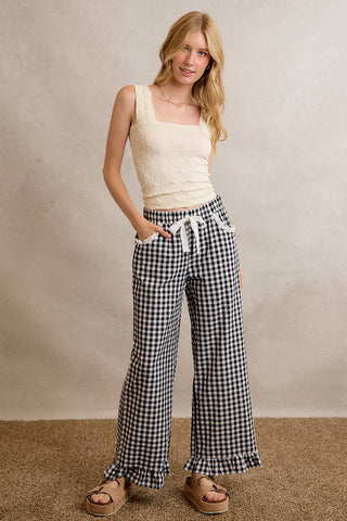 Jaidyn Gingham Ruffle Pants - Brown - Wild Lavender Boutique