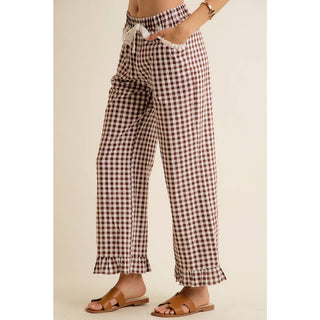 Jaidyn Gingham Ruffle Pants - Brown - Wild Lavender Boutique