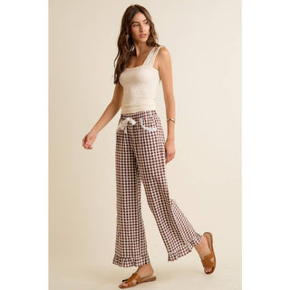 Jaidyn Gingham Ruffle Pants - Brown - Wild Lavender Boutique