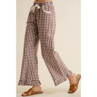 Jaidyn Gingham Ruffle Pants - Brown - Wild Lavender Boutique