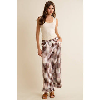 Jaidyn Gingham Ruffle Pants - Brown - Wild Lavender Boutique
