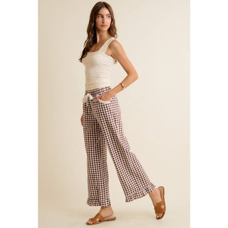 Jaidyn Gingham Ruffle Pants - Brown - Wild Lavender Boutique