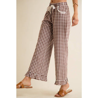 Jaidyn Gingham Ruffle Pants - Brown - Wild Lavender Boutique
