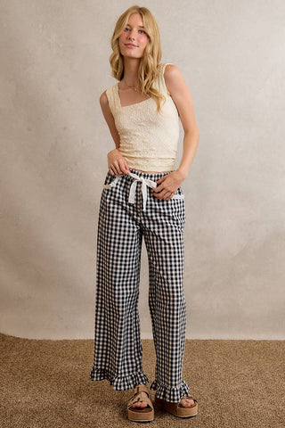 Jaidyn Gingham Ruffle Pants - Brown - Wild Lavender Boutique