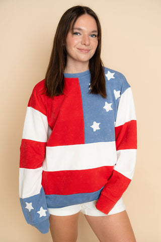 Juniper Mineral Washed American Flag Sweatshirt - Wild Lavender Boutique