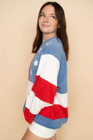 Juniper Mineral Washed American Flag Sweatshirt - Wild Lavender Boutique