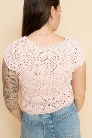 Kylie Knit Sweater Cotton Crochet V - Neck Cap Sleeve Top - Pink - Wild Lavender Boutique