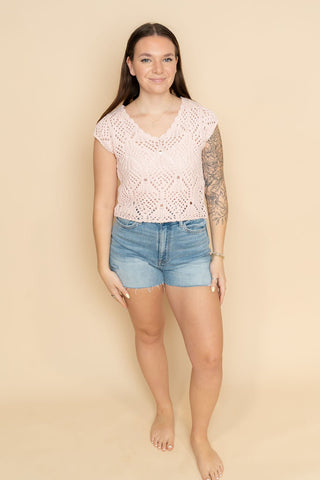 Kylie Knit Sweater Cotton Crochet V - Neck Cap Sleeve Top - Pink - Wild Lavender Boutique