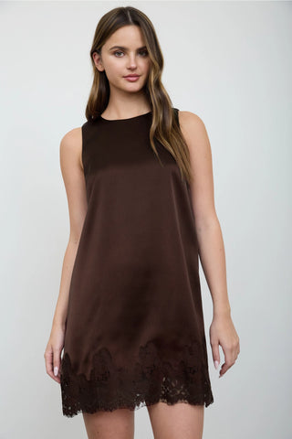 Eliza Lace Trim Satin Mini Dress - Brown