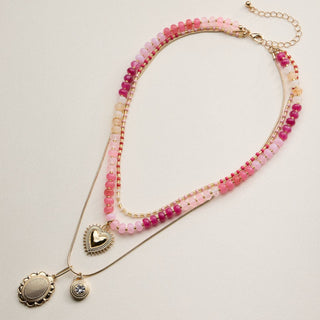 Layered Beaded and Pendant Necklace Set with Gold Accents – Heart and Charm Detail - Wild Lavender Boutique