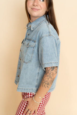 Lucy Button Up Denim Shirt - Light Wash - Wild Lavender Boutique