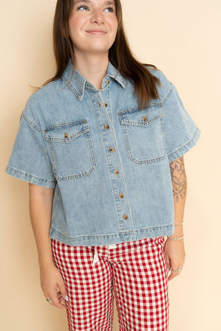 Lucy Button Up Denim Shirt - Light Wash - Wild Lavender Boutique