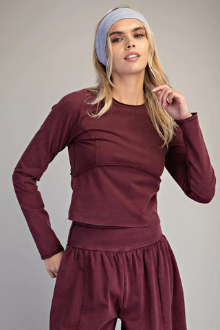 Luna Mineral Washed Long Sleeve Top - Red Bean - Wild Lavender Boutique