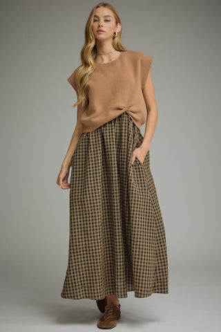 Mae Gingham Dress with Removable Sweater - Camel - Wild Lavender Boutique